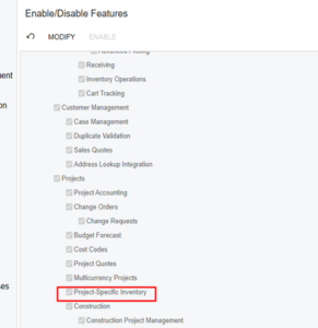 Acumatica Project Specific Inventory