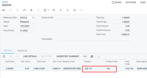 Acumatica Project Specific Inventory